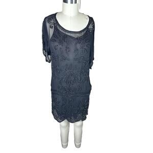 Anna Sui Black Chiffon Crystal Bead Embellishment Dress Size M